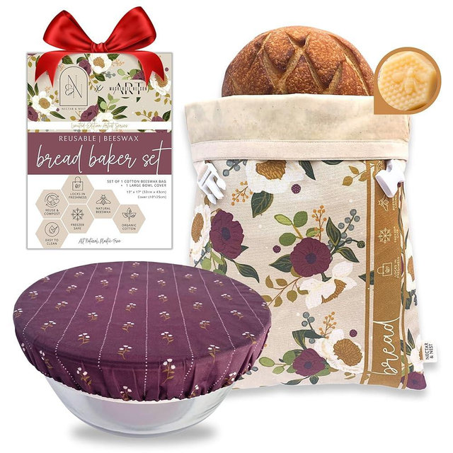 Nectar & Nest Bread Baker Set, Reusable Beeswax Bread Bags for Homemade Bread, Sourdough Bag, Organic Cotton Beeswax Bowl Cover, Limited-Edition Artist Series (December Blooms by Mackenzie Nelson Art)