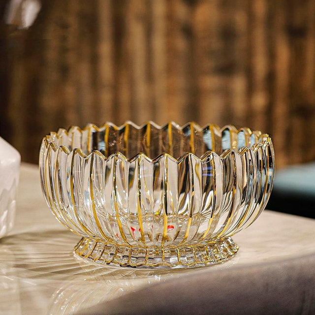 MAGCOLOR Hand painted Gold Round Crystal Glass Fruit Bowl-8.7inch Diameter, Footed Bowl,Elegant Decorative Fruit/Candy Bowl.