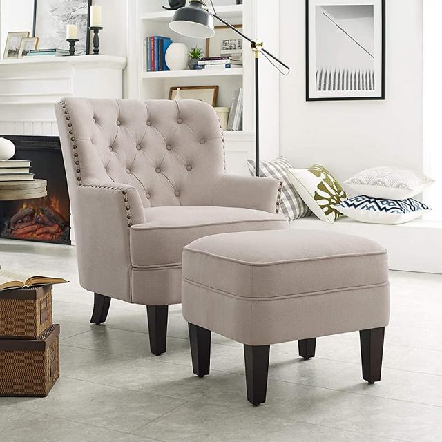 Rosevera Collection Fabric Nailhead Home Gustavo, Beige with Ottoman