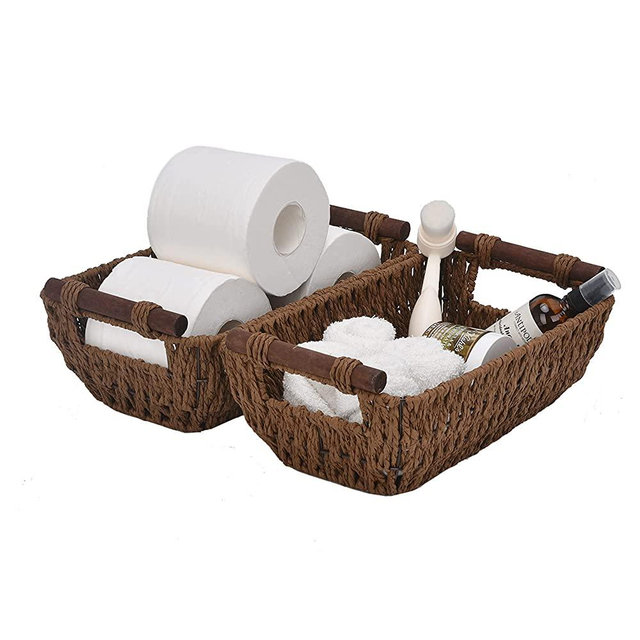 StorageWorks Hand-Woven Small Wicker Baskets, Round Paper Rope Storage Baskets with Wooden Handles, Dark Brown, 12.2" x 7" x 4.3", 2-Pack