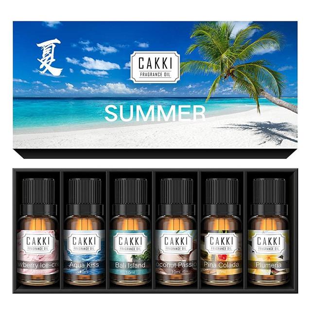 Summer Essential Oils Set， Cakki Fragrance Oils Gift Set 6X10ML，With Coconut Passion,Plumeria, Pina Colada, Aqua Kiss, Natural Aromatherapy Oils, For Diffuser, For Candles Making
