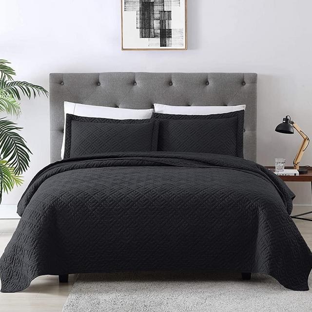 EXQ Home Quilt Set Full Queen Size Black 3 Piece,Lightweight Microfiber Coverlet Modern Style Squares Pattern Bedspread Set