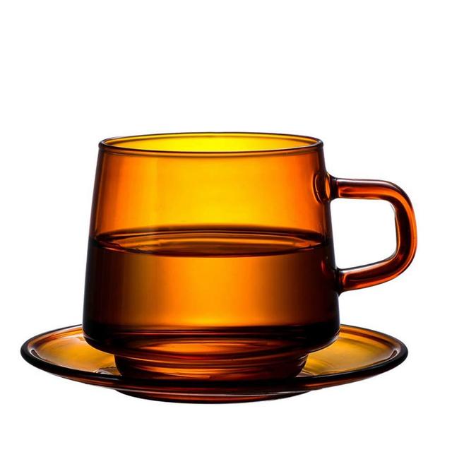 Vintage Style 12oz Glass Tea Cups and Saucers Set, Amber Glass Coffee Mug and Matching Sauce, Handmade Sturdy Borosilicate Tea Cups