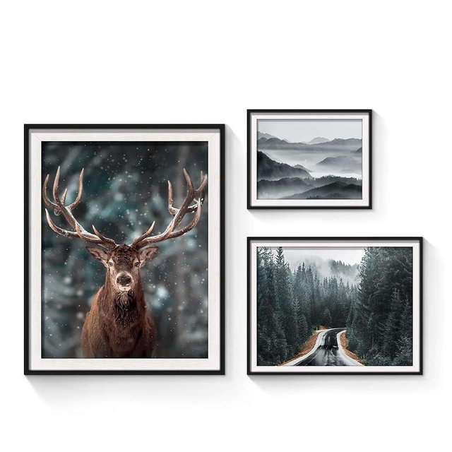 SunFlax Brown Framed Elk Wall Art - Snow Pine Forest Road Landscape and Wildlife Pictures Framed Prints Sets for Bathroom, Living Room, Bedroom, Office