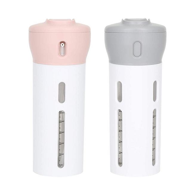 Travigo 4-in-1 Travel Bottle Dispenser, Includes Four Empty Reusable 1.4 oz. (40 mL) Cosmetic Toiletry Containers for Sanitizer, Soap, Lotions, Skincare, Makeup Products (Gray-Pink, 2 Piece Set)
