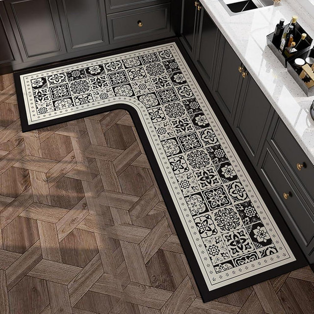 BANEBOR L-Shaped Kitchen Rug - Non-Slip Absorbent Floor Mat, Washable Anti-Fatigue Corner Carpet for Sink Area, Oil & Water Proof Kitchen Mat (Black Morocco Right L, 39''x59''x18'')