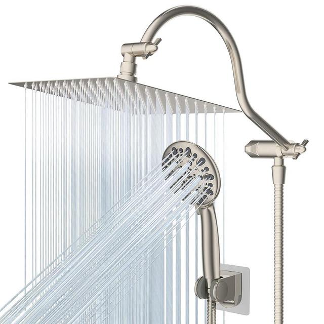 Hibbent All Metal Shower Head, 8'' High Pressure Rainfall Shower Head, Handheld Showerhead Combo with 12'' Adjustable Curved Extension Arm, 7-Spray, 71'' Hose, Showerhead Holder, Brushed Nickel