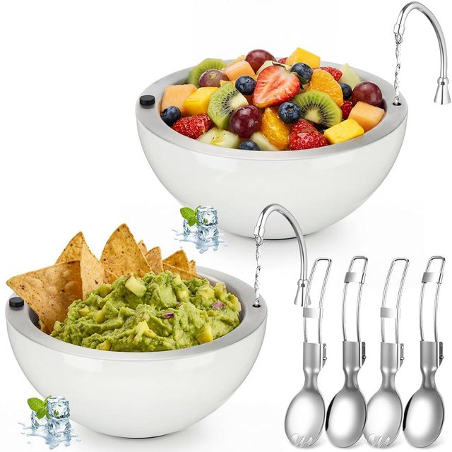 LemonRoad 2 Pack 16 oz Chilled Dip Bowl Stainless Steel Double Walled Ice Serving Bowl with 2 Sporks Spoons Cold Serving Dish for Parties Hummus, Salsa, Guacamole, Sauces, Pasta (White)
