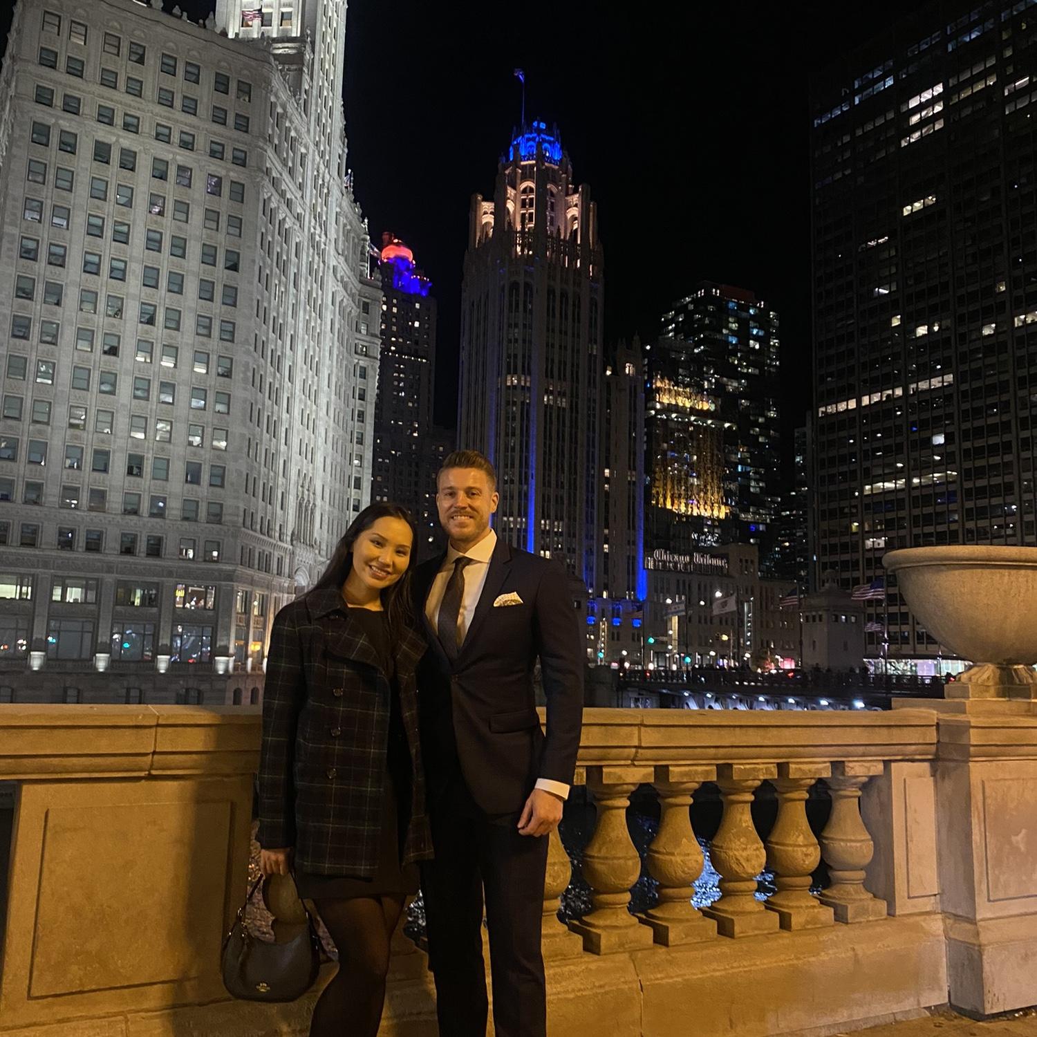 Date night in Chicago. Look how beautiful the city is in the background!