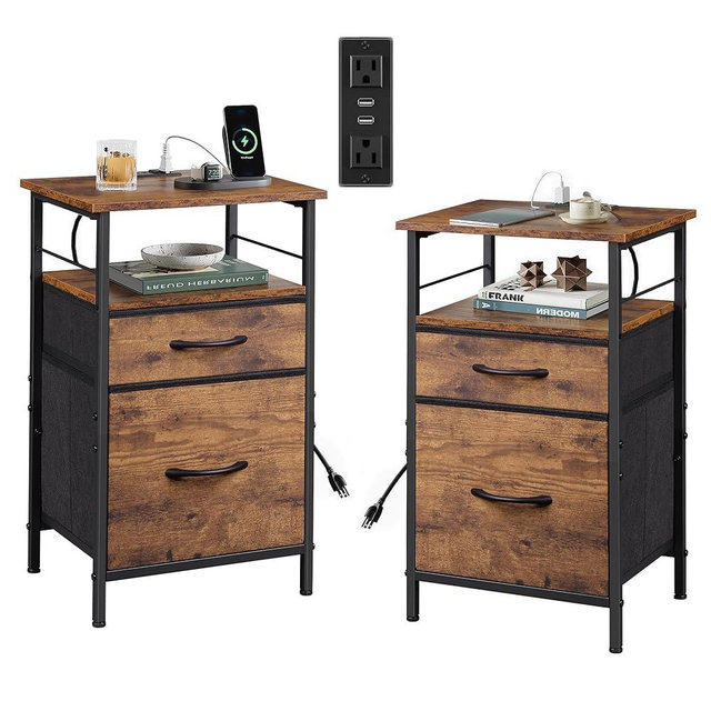 WLIVE Nightstand Set of 2 with Charging Station, End Table with 2 Fabric Drawers for Storage, Small Bedroom Dresser, Side Table for Living Room, 2 USB Ports and 2 Outlets, Easy Assembly, Rustic Brown