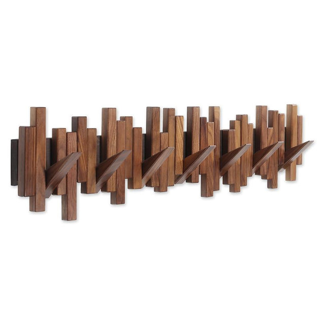 Acsigesn Wooden Coat Rack Wall Mounted Sticks Multi Rack Solid Handmade Natural Walnut Wood Artwork with 7 Flip-Down Unique Modern Hooks for Coats Bag Hat Umbrella