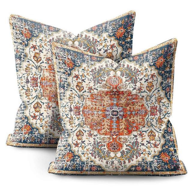 PENUFILO Boho Pillow Covers 18x18 Inch Set of 2 Blue Orange Throw Pillows Vintage Ethnic Bohemian Coral Floral Print Decorative Pillowcase Farmhouse Linen Cushion Cover for Home Sofa Bedroom