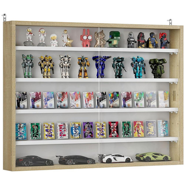 HOMCOM 5-Tier Display Cabinet, Glass Door Cabinet with Adjustable Shelves, Wall-Mounted Display Case for Playroom, Bedroom, Oak and White