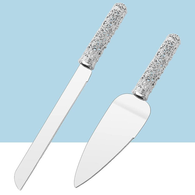 Jozen Gift Wedding Silver Cake Knife and Server Set - 2 Pcs Dessert Set Metal Handle with Crystal Stones Decoration for Wedding, Anniversary Party Birthday Banquets,Gifts for Bride and Groom