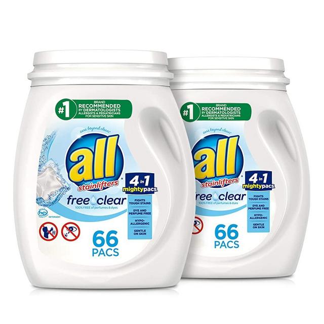 All Mighty Pacs with stainlifters free clear Laundry Detergent, Free Clear for Sensitive Skin, 66 Count - (Pack of 2)