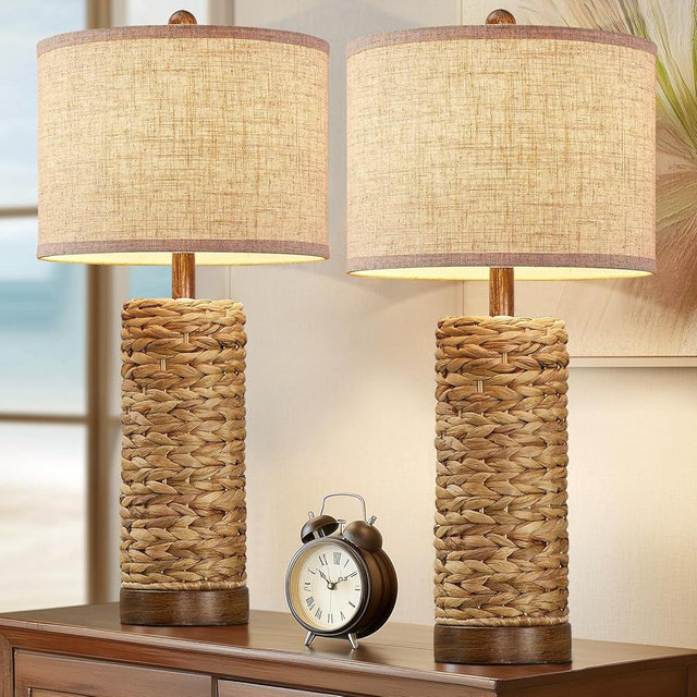 BOWOBO 27.5'' Tall Natural Rattan Table Lamps Set of 2, Hand - Woven Wicker Lamp with Linen Shade, Rustic Coastal Boho Style Table Lamps for Bedroom, Living Room, Home Decor