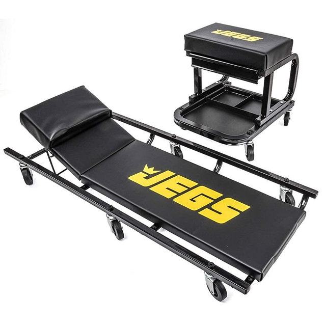JEGS Creeper and Mechanic Seat Set | Memory Foam Padding | Black with JEGS Logo | 350 LBS Capacity | 2 ½” Caster Wheels