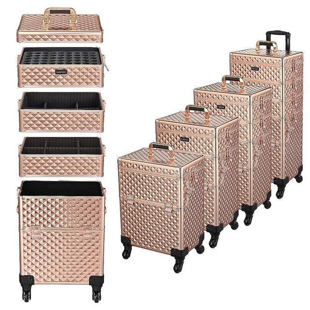 BYOOTIQUE 4in1 Rose Gold Rolling Makeup Train Case with Mirror Cosmetic Organizer Traveling Storage Artist Trolley 360-degree Swivel Wheels