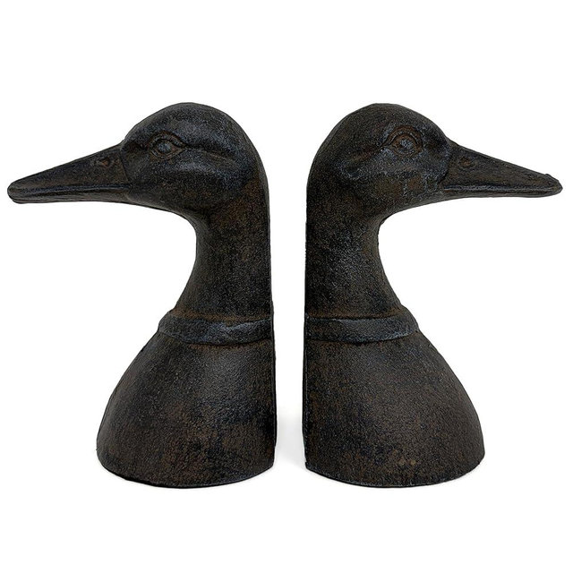 Decoronix Decorative Distressed Cast Metal Duck Head Bookends - Heavy Duty Book Stopper for Shelves, Cute Novelty Book Holder - Rustic Vintage Home Office Organizer Set of 2