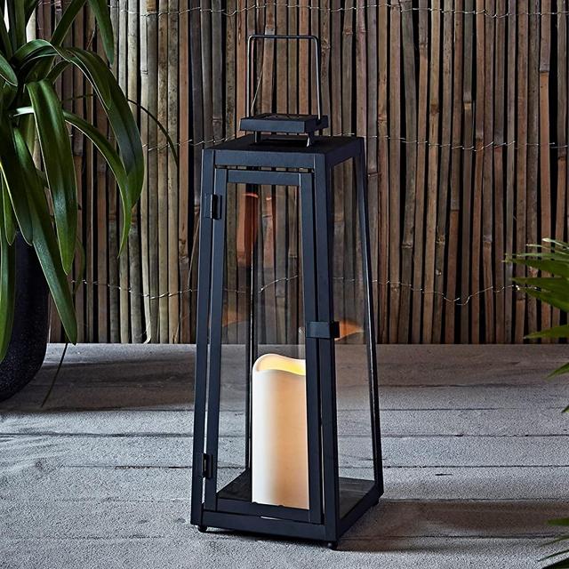 Lights4fun, Inc. Large Black Metal Solar Powered LED Fully Weatherproof Outdoor Garden Flameless Candle Lantern