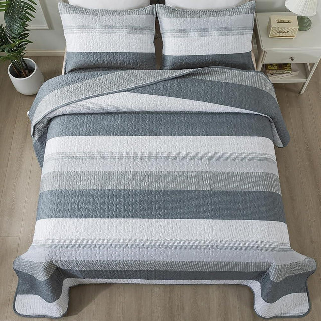 Andency Grey Striped Quilt King(106x96Inch), 3 Pieces (1 Quilt and 2 Pillowcases) Patchwork Bedspread Coverlet Set, Soft Microfiber Quilted Bedding Set