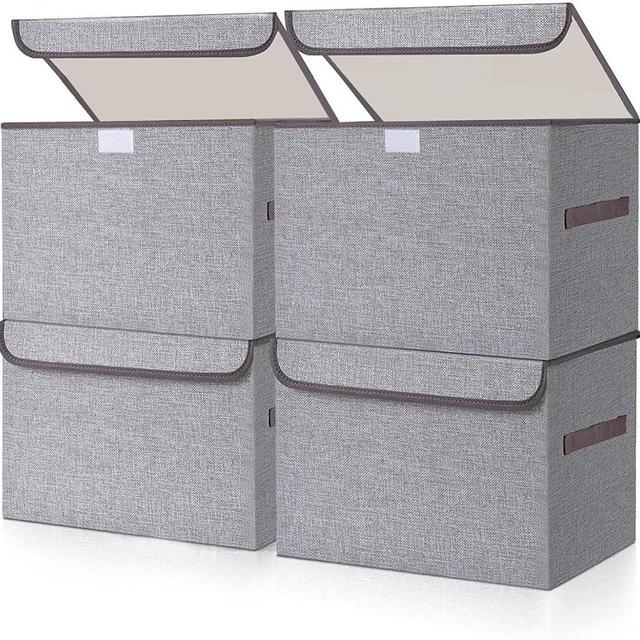 Bagnizer Large 22 Quart Linen Fabric Foldable Storage Bin Cube Organizer Basket with Flip-Top Lid & Handles, Large Clothes Blanket Box for Home, Office, Closet, Gray, 4 Pack 14.6 x 9.5 x 9.5”