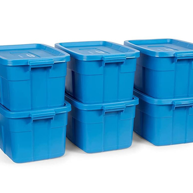 Rubbermaid Roughneck️ 14 Gallon Storage Totes, Pack of 6, Durable Stackable Storage Containers with Lids, Nestable Plastic Storage Bins for Camping Supplies, Blankets, Holiday Storage, Heritage Blue