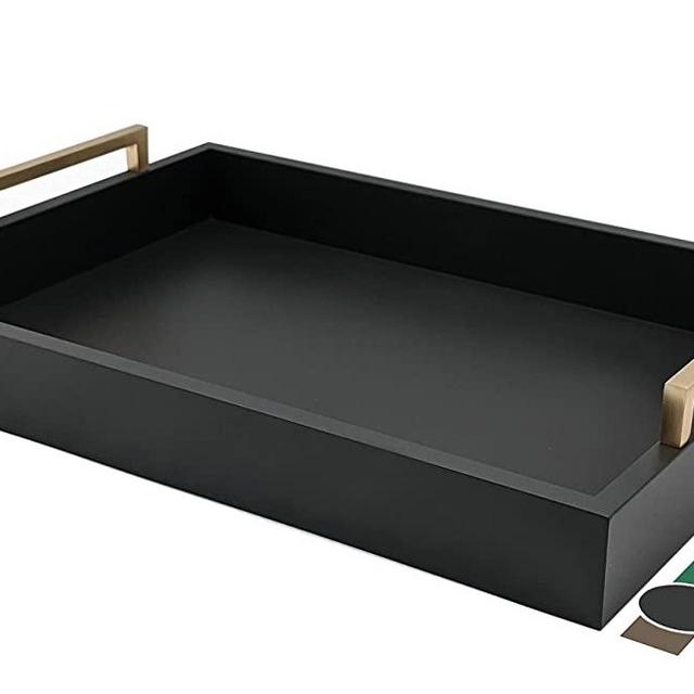Montecito Home Decorative Coffee Table Tray - Ottoman Tray - Breakfast, Drinks, Liquor Serving Platter - from Farmhouse to Modern - Matte Finish - Champagne Gold Handles - Pitch Black