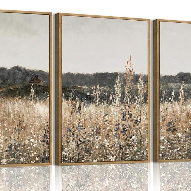 Wodkwq 3 Piece Vintage Landscape Canvas Wall Art Framed,Above Bed Wall Art,Farmhouse decor,Neutral Minimalist Wall Painting,Wildflower Art Prints For Living Room,Bedroom,Office 16x24in