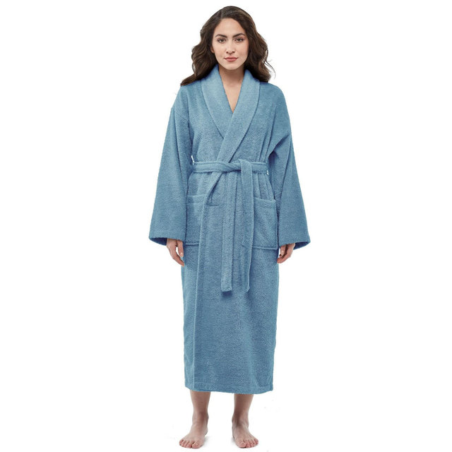 Arus Women's Turkish Terry Cotton Robe, Shawl Collar Bathrobe , Hazy Blue , X Small