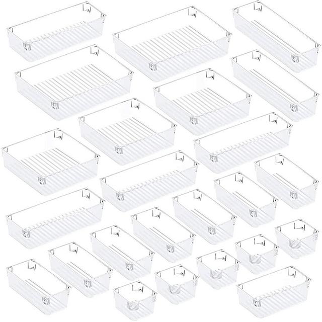 Puroma 24Pcs Desk Drawer Organizer Set 5-size Versatile Vanity and Desk Drawer Storage Bins, Clear Plastic Drawer Organizer Trays and Customize Layout Organizer Container for Makeup Kitchen Bathroom