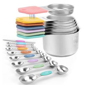 Magnetic Measuring Cups and Spoons Set-Heavy Duty 304 Stainless Steel，Double Measurement Markings，Set of 16 with Leveler for Measure Dry and Liquid Ingredients