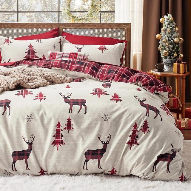 Bedsure Christmas Duvet Cover King - Christmas Bedding King Size, Reversible Buffalo Check Printed Christmas Plaid Duvet Cover, Includes 1 Duvet Cover and 2 Pillow Shams (King, Reindeer)