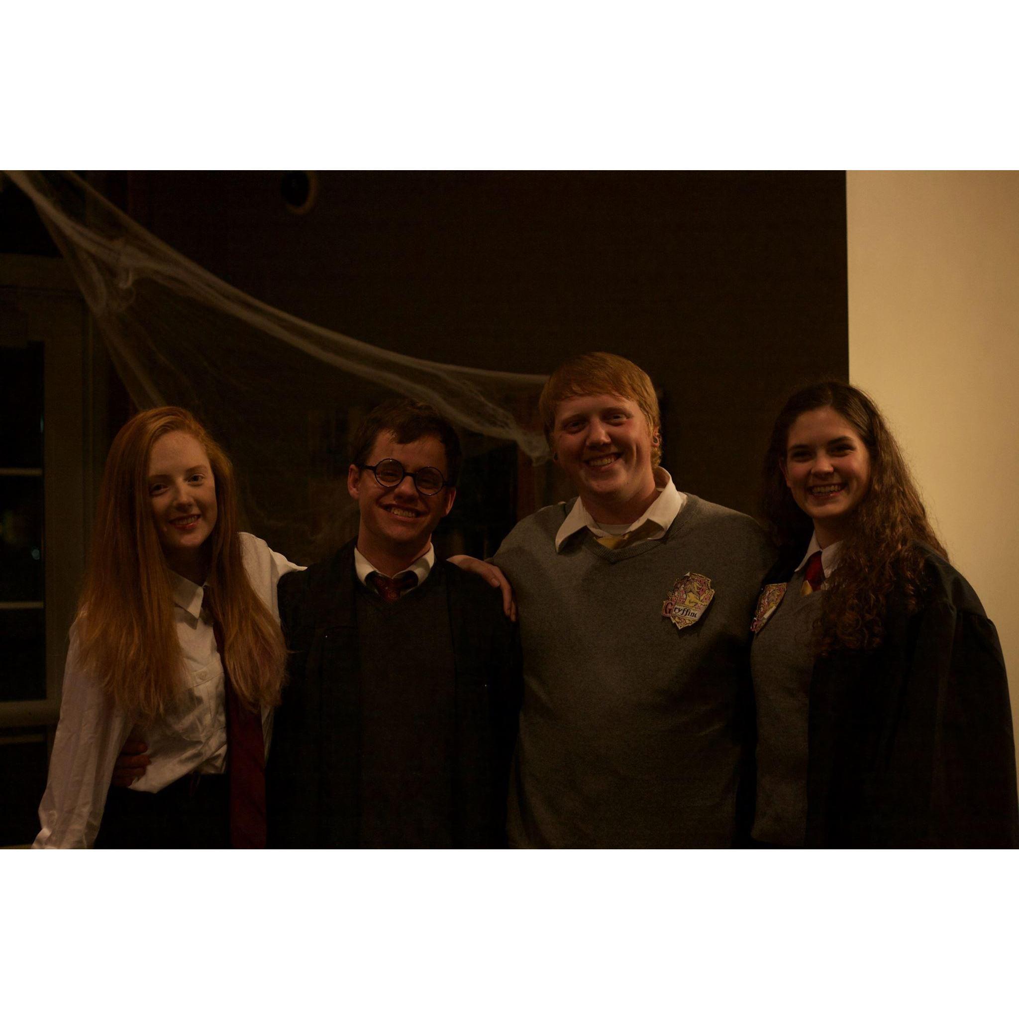 Ramsey as Ginny, Dan as Harry Potter, Wilson as Ron Weasley, and Maddy as Hermoine Grainger from Halloween 2016