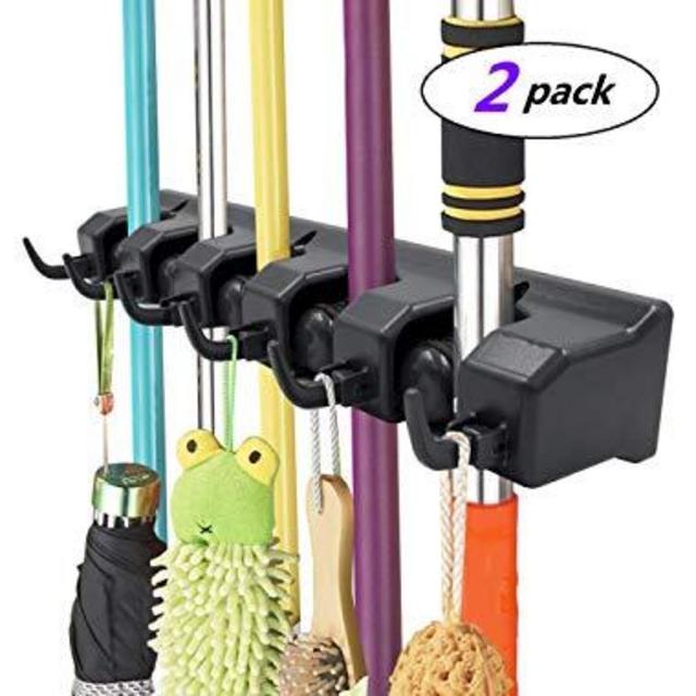 IMILLET Mop and Broom Holder, Wall Mounted Organizer Mop and Broom Storage Tool Rack with 5 Ball Slots and 6 Hooks (Black) (Double Pack)