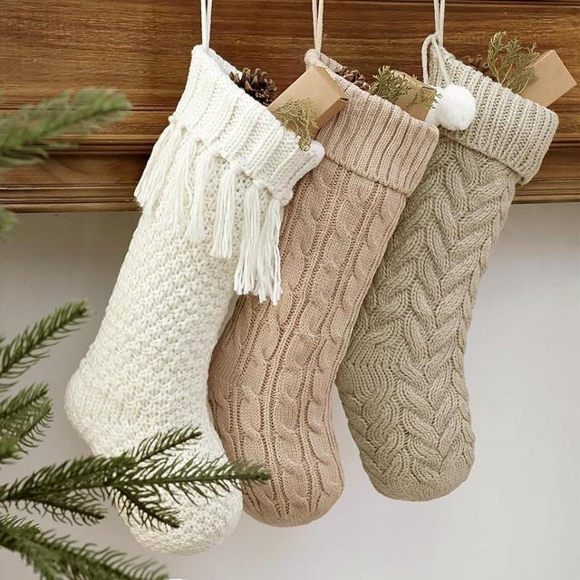 LimBridge Christmas Stockings Cable Knit, 3 Pack 18 inches Large Size Knitted Xmas Stockings, Rustic Farmhouse Boho Style Stocking Decorations for Family Holiday Season Decor, White & Beige