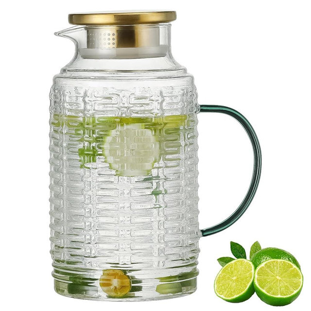 Buaic Glass Pitcher with Lid, 68 oz/2L Liter Vintage Water Pitcher, Clear Borosilicate Glass Water Carafe for Cold Brew, Coffee, Lemonade, Iced Tea,Beverage, Heat Resistant Water Glass Jug