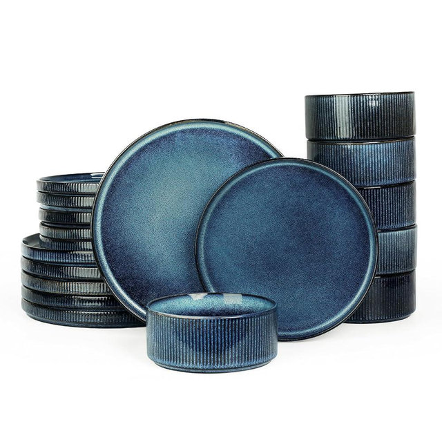 Famiware Star Plates and Bowls Sets, Modern Stoneware Dinnerware Sets for 6, 18-Piece Kitchen Dish Sets - Chip and Scratch Resistant, Microwave and Dishwasher Safe Tableware Set, Nebulas Blue
