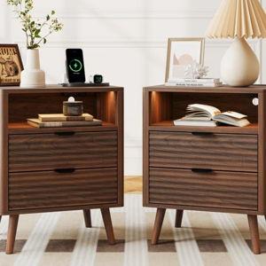 19.7" Nightstand With 2 Drawers & Open Shelf, Bedside Table With LED Lights & Outlets, End Table For Bedroom Or Living Room - Walnut