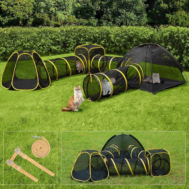 VIVOHOME 6-in-1 Outdoor Cat Enclosure with Playhouse, 2 Tents & 3 Tunnels - Portable Cat Playground with Leash and Mint Ball for Indoor/Outdoor Use, Yard Balcony Camping Safety