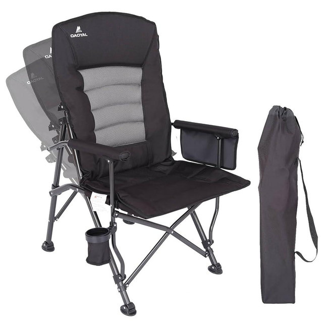 QAOYAL Camping Chairs for Adults, Adjustable Backrest Chair Supports 350lbs, Folding Chairs for Outside, Oversized Lawn Chair with Cup Holder, Black