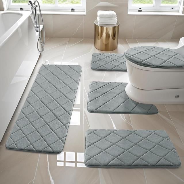 YIHOUSE Bathroom Rug Set 5 Piece, Soft Non Slip Memory Foam Bathroom Rugs, Machine Wash Bathroom Mat Set, Water Absorbent Bath Rug Set for Toilet and Floor (Light Grey)