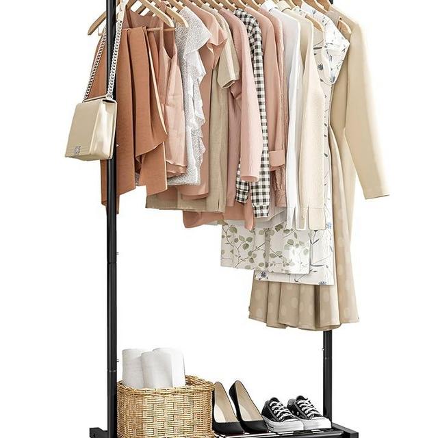Sakugi Clothes Rack - Clothing Rack with Storage Mesh Shelf & Casters, Heavy-Duty Metal Clothing Rack for Hanging Clothes, Dresses, Coats, Large Load Capacity, Easy Assembly, Black, 28.0"x14.0"x59.0"