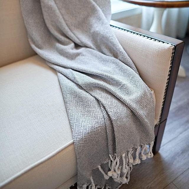 MOTINI Grey Throw Blanket Plaid Pattern Decorative Cozy Knit Blankets Gray and White Weave Throws with Fringe Tassel 50"x60", 100% Cotton Thermal Blanket for Couch Bed Sofa