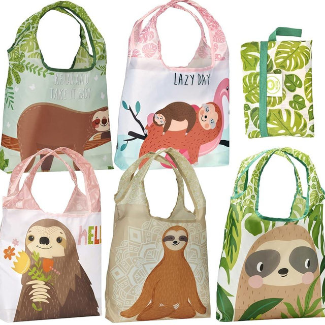 O-WITZ Reusable Grocery Bags | Vibrant Tote Bag For Groceries, Gym, Beach Gear, Toys & More | Washable Design With Large Handles For Maximum Convenience | Folds Into A Small Pouch, 5 Pack, Sloths