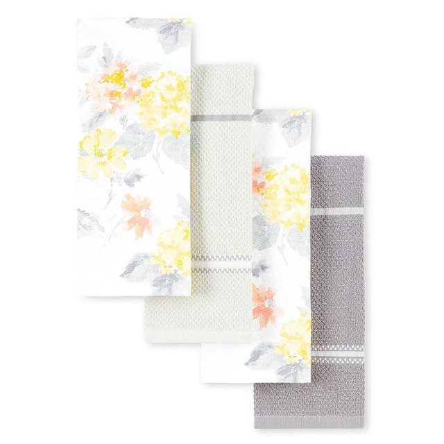 MARTHA STEWART Amber Floral Kitchen Towel Set 4-Pack, Yellow/Coral, 16"x28"