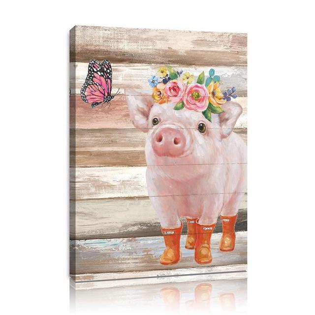 Funny Piggy and Pink Butterfly Pig Pictures Wall Art Farmhouse Wall Decor Farm Animal Canvas Poster Mural for Bedroom Bathroom and Kitchen Framed and Ready to Hang 10x15