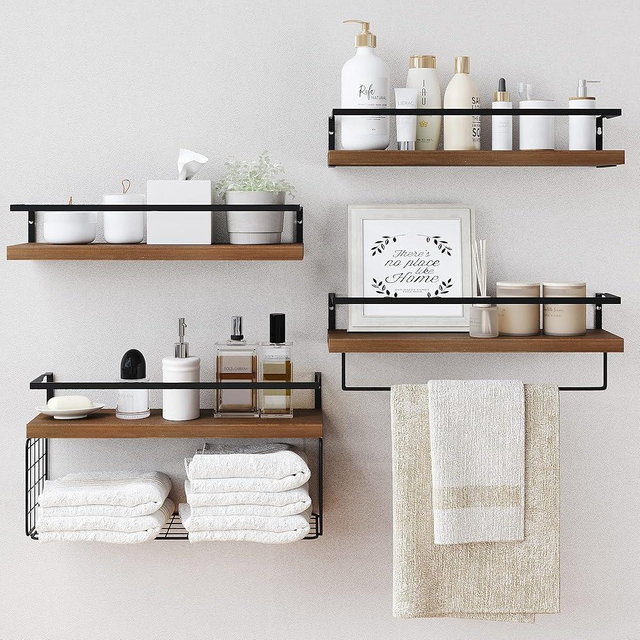 LUDORU Wood Floating Shelves Wall Mounted - 4+1 Tier Rustic Bathroom Wall Shelves Over Toilet with Wire Storage Basket and Towel Bar, set of 4 Farmhouse Floating Shelf for Bathroom, Kitchen, Bedroom.