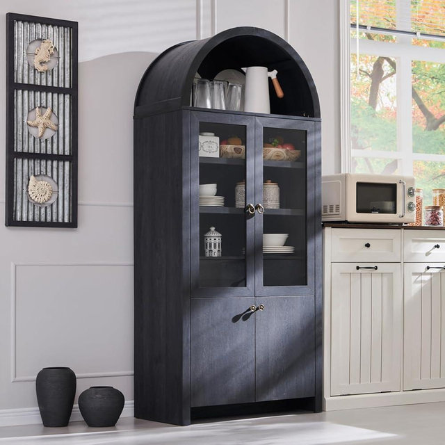 IFGET 71" Tall Arched Kitchen Pantry Cabinet, Modern Farmhouse Kitchen Storage Cabinets with Open & Adjustable Shelves, Hidden Drawer & Glass Door, Versatile Cupboard for Kitchens, Dining Room, Grey