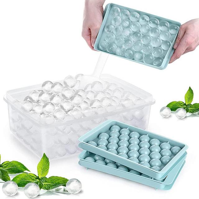 Round Ice Cube Tray with Lid Ice Ball Maker Mold for Freezer with Container Mini Circle Ice Cube Tray Making 99PCS Sphere Ice Chilling Cocktail Whiskey Tea Coffee(3 Blue Trays 1 ice Bucket & Scoop)